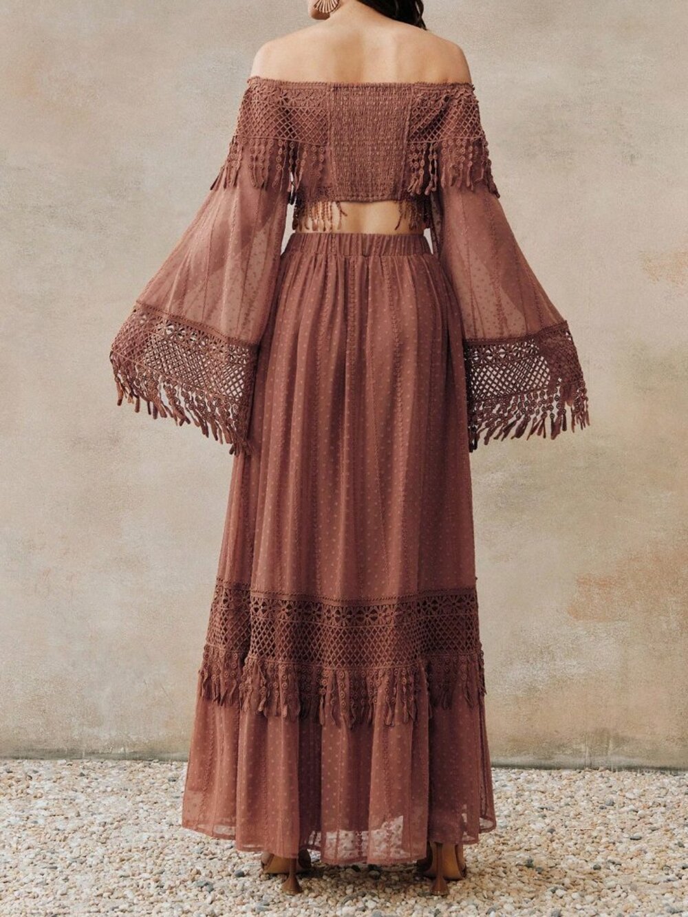 Boho brown Women's Off Shoulder fringe deailed top w/ skirt 2-Piece Set - Picture 7 of 7
